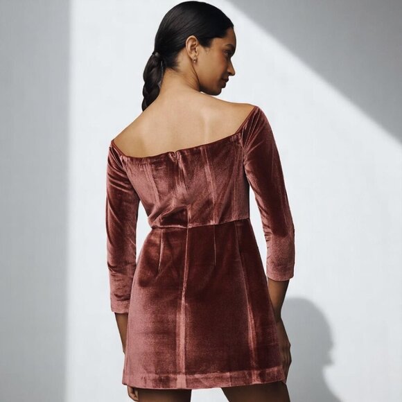 Anthropologie Velvet Off-Shoulder Mini Dress - Mauve - Picture 3 of 13